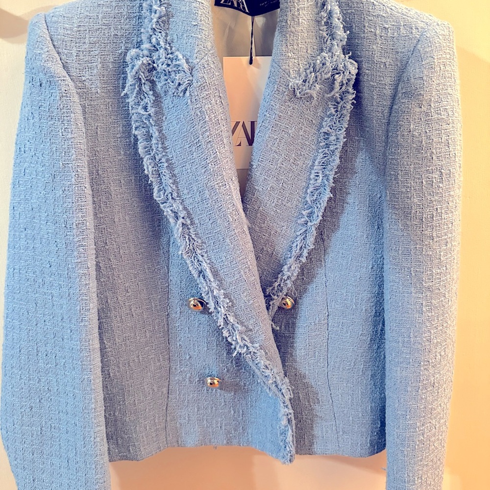 Zara crop boucle double breasted jacked medium M blue tweed